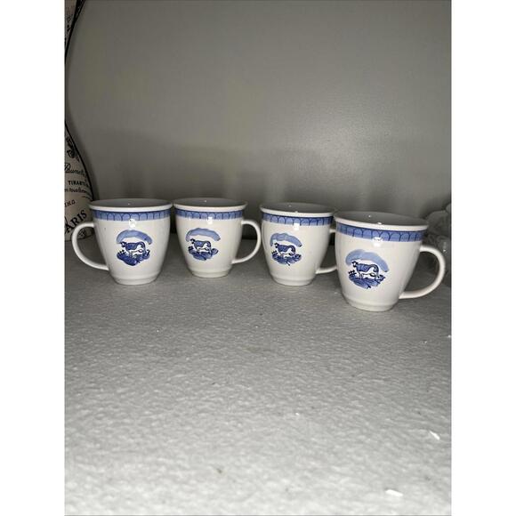Blue Pastures Folkcraft Stoneware Mugs Cow Coffee Set Of 4 Country Farm Cottage - Picture 1 of 10
